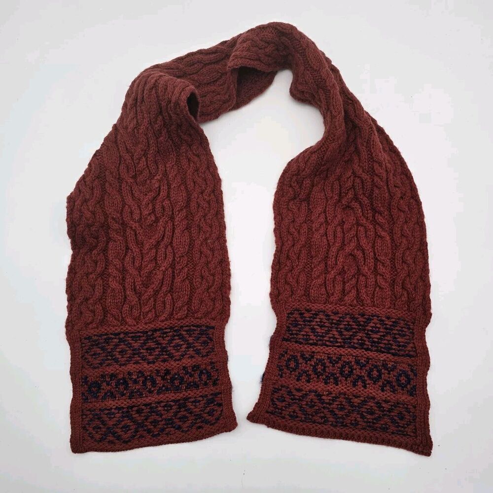 Aran Crafts Scarf Wool Orange Red Rust Navy Blue Cable Knit Rectangle Boho